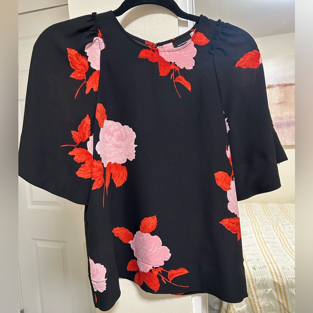 Who What Wear Black Blouse with Pink & Red Floral Print
